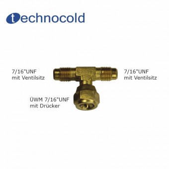 Technocold B2B Shop, Schrader T-Stück, 2 x 7/16 UNF m. Ventilsitz, 1x UWM  m. Drücker, o. Kappen u. Ventile